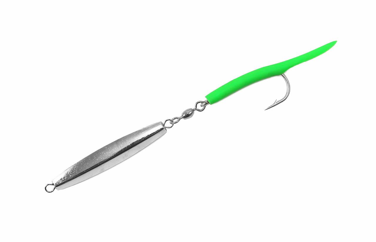 Jigging World Diamond Jigs with Tubed Tail Smooth Chrome with Green Tail / 2 oz