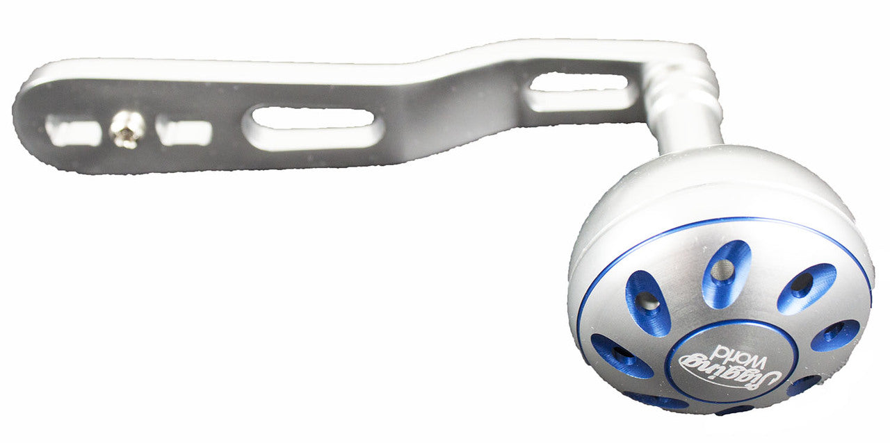 Jigging World - Power Handle for Shimano Trinidad A Star Drag Reels -  Silver Arm / 45mm Alpha Silver/Blue Aluminum Ball Knob