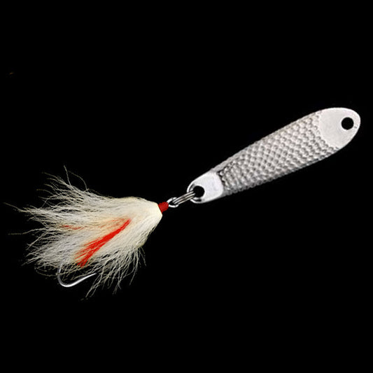 3oz fishing spoon with a treble hook Hopkins Hammered Spoon w/Bucktail Single Hook