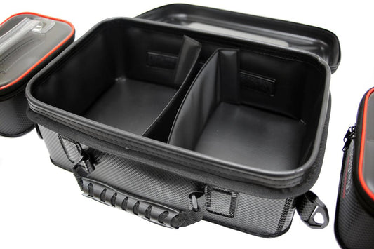 flat careing lurers tackle box bag Small North Shore Fishing Company 3600 size black camo utility boxes and multiple storage pockets for baits Catch Softbait Storage Bag |