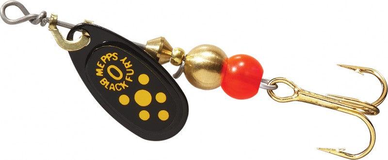 black and yellow aggravator double blade fishing lure Mepps Black Fury Plain - Yellow Dot