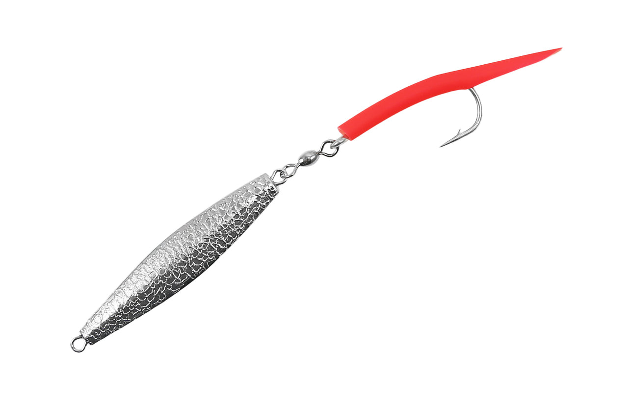 Jigging World Diamond Jigs with Tail Hammered Chrome with Red Tail / 1 oz